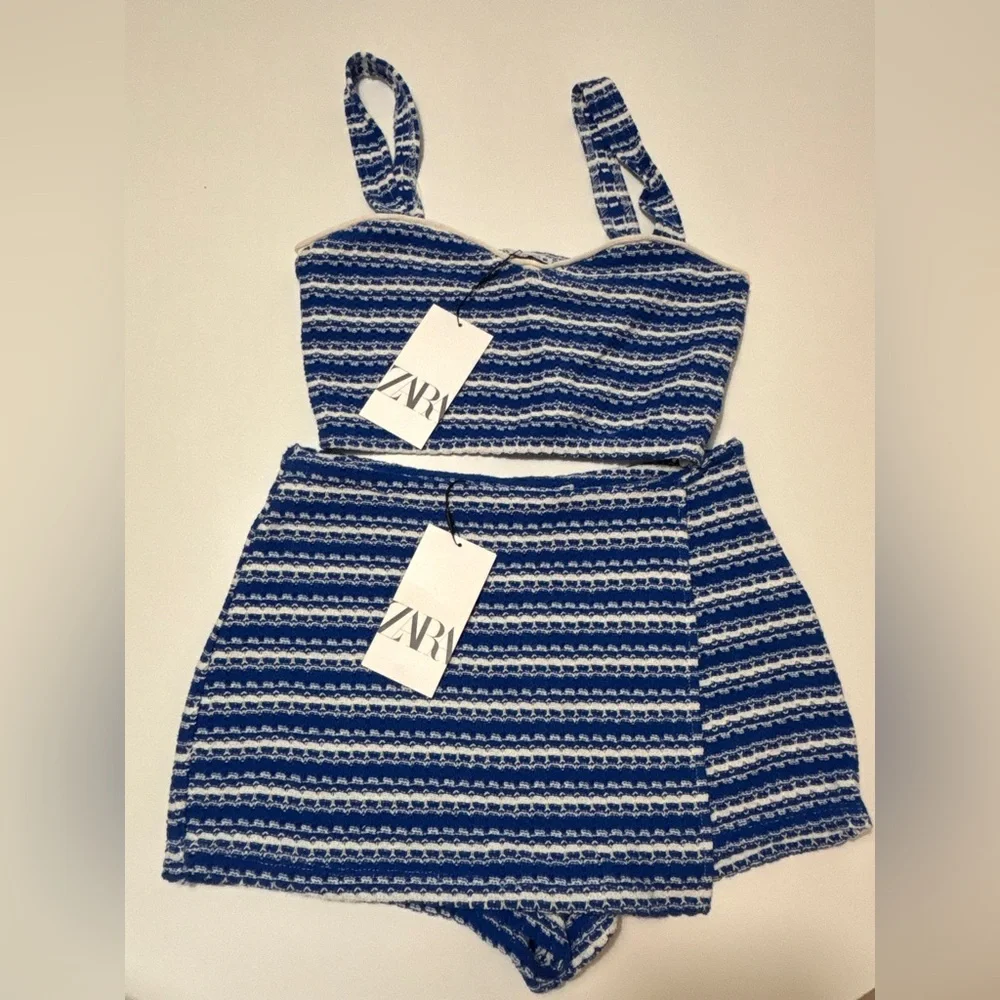Zara Blue and White Striped Two-Piece Crop Top and Skort Set - Picture 7 of 14